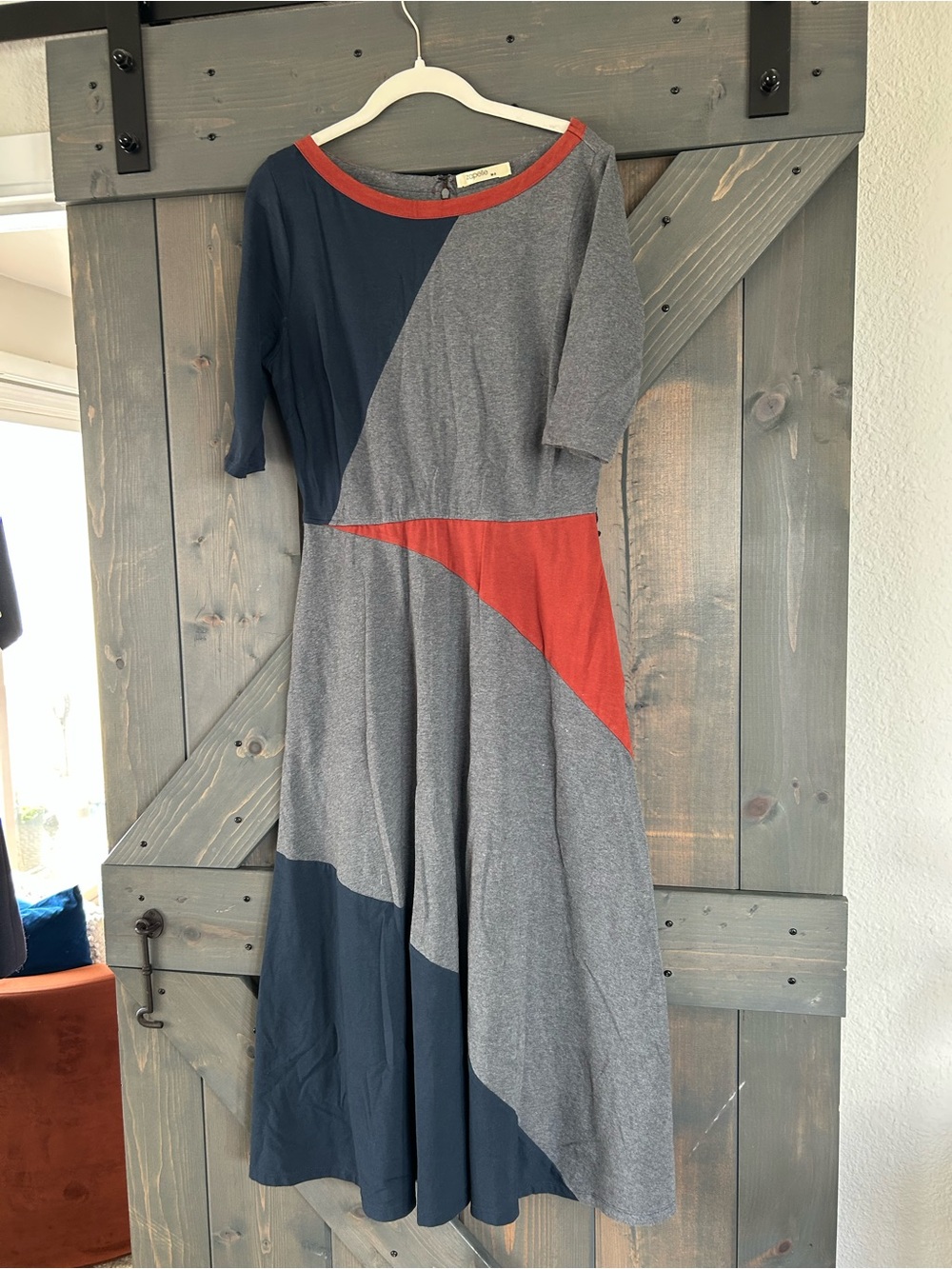 Colorblock Midi Dress in Navy, Gray & Rust with Boat Neck